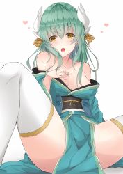 Rule 34 | 1girl, bare shoulders, blue kimono, blush, breasts, dragon girl, dragon horns, embarrassed, fate/grand order, fate (series), green hair, hair between eyes, hair ornament, heart, highres, horns, japanese clothes, kimono, kimono pull, kiyohime (fate), large breasts, legs apart, long hair, looking at viewer, obi, open mouth, pelvic curtain, sash, simple background, sitting, solo, spread legs, thighhighs, white background, white thighhighs, yellow eyes, yuzuru (hayuiop123)