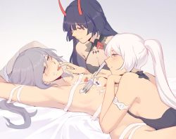 Rule 34 | 3girls, armpits, backless outfit, bare shoulders, black hair, blue eyes, blush, breasts, cleavage, commentary, food, fork, fruit, fu hua, grey eyes, holding, holding fork, honkai (series), honkai impact 3rd, horns, icing, kiana kaslana, licking, licking finger, long hair, looking at another, multiple girls, naked ribbon, nude, oni horns, open mouth, pink eyes, ponytail, raiden mei, raiden mei (herrscher of thunder), ribbon, small breasts, smile, strawberry, symbol-only commentary, teires (teir3s), topless, upper body, white hair, white ribbon, yuri