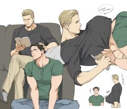 Rule 34 | 2boys, albert wesker, animal ears, between pecs, between pectorals, black hair, blonde hair, blush, book, chris redfield, closed eyes, closed mouth, couple, crossed legs, dog boy, dog ears, english text, face to pecs, green shirt, grey pants, hand on another&#039;s head, head between pecs, holding, holding book, looking at another, male focus, multiple boys, multiple views, open book, pants, pectorals, resident evil, resident evil 1, shirt, short hair, sitting, smile, tatsumi (psmhbpiuczn), translation request, yaoi