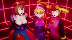 Rule 34 | 20s, 3d, 3girls, ahoge, amateurthrowaway, android, animated, antennae, arms at sides, arms behind back, beret, black bodysuit, blonde hair, blue eyes, bodysuit, bracelet, breasts, brown hair, capcom, cel shading, chest jewel, ciel (mega man), cleavage, covered navel, dazed, dress, female focus, gauntlets, gloves, glowing, gold bracelet, green eyes, green ribbon, hair between eyes, hair ribbon, happy trance, hat, helmet, highres, hypnosis, iris (mega man), jewelry, large breasts, lights, long hair, looking at viewer, looping animation, medium breasts, mega man (series), mega man x (series), mega man x dive, mega man zero (series), mind control, multiple girls, multiple views, navel, open mouth, pink bodysuit, pink headwear, pink vest, ponytail, red beret, red bodysuit, red gauntlets, red gloves, red headwear, reploid, ribbon, roll.exe (mega man), roll (mega man), rolling eyes, shiny clothes, skin tight, sleeveless, small breasts, smile, sound, source filmmaker (medium), standing, swaying, swept bangs, tech control, underboob, vest, video, white headwear
