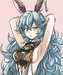 Rule 34 | 10s, 1girl, :o, absurdres, animal ears, armpits, arms up, blue hair, blush, breasts, dora v nu, dress, earrings, erune, ferry (granblue fantasy), granblue fantasy, highres, jewelry, long hair, open mouth, pink background, sideboob, simple background, single earring, solo, wavy hair, yellow eyes