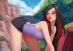 Rule 34 | 1girl, alternate costume, bare arms, bent over, black hair, black shorts, blush, breasts, cloud, commentary, creatures (company), day, deilan12, english commentary, eyelashes, eyeshadow, from side, game freak, lipstick, long hair, looking back, lucy (pokemon), makeup, multicolored hair, nintendo, outdoors, parted lips, pink lips, pokemon, pokemon emerald, pokemon rse, purple shirt, red eyes, red hair, shirt, shorts, sky, sleeveless, sleeveless shirt, smile, solo, streaked hair, tent, thighs, tree, watermark, web address