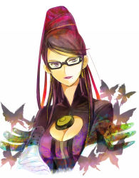 Rule 34 | 1girl, amulet, bayonetta, bayonetta (series), bayonetta 1, black hair, bodysuit, breasts, bug, butterfly, cleavage, cleavage cutout, clothing cutout, cocoa77, crossed arms, earrings, elbow gloves, female focus, glasses, gloves, grey eyes, hair bun, hair ribbon, insect, jewelry, large breasts, lipstick, makeup, mole, mole under mouth, purple lips, ribbon, simple background, single hair bun, solo, white background