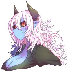 Rule 34 | 1girl, alternate costume, aohada bocchi, black horns, black sclera, blue skin, breasts, buttons, cleavage, colored sclera, colored skin, commentary request, demon girl, demon horns, floor, from side, highres, horns, huge breasts, long hair, looking at viewer, pointy ears, pointy nose, portrait, red eyes, ruri (aohada bocchi), simple background, smile, white background, zyugoya