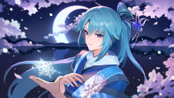 Rule 34 | 1boy, :|, ainy, androgynous, arm up, blue eyes, blue hair, blue kimono, cherry blossoms, closed mouth, commentary request, crescent moon, detached sleeves, expressionless, eyelashes, fingernails, hair ornament, hair stick, japanese clothes, kimono, long hair, long sleeves, looking at viewer, moon, night, original, petals, reflection, sidelocks, snowflake print, snowflakes, solo, standing, upper body, virtual youtuber, water, wide sleeves