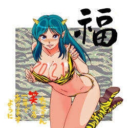 Rule 34 | 1girl, 2021, adjusting clothes, adjusting swimsuit, bikini, blue eyes, boots, breasts, cleavage, commentary request, cone horns, fingernails, green hair, horns, knee boots, kneeling, large breasts, leaning forward, long hair, looking at viewer, lum, nakamura 3sou, navel, new year, open mouth, outside border, pointy ears, print bikini, print footwear, sharp fingernails, smile, solo, swimsuit, thigh gap, tiger stripes, translated, urusei yatsura, yellow bikini, yellow footwear