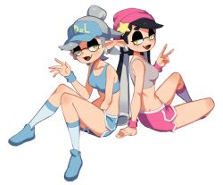 Rule 34 | 2girls, :3, alternate costume, arm support, back-to-back, bare shoulders, beanie, between legs, black hair, blue footwear, blue headwear, blue shirt, blue shorts, blue socks, blush, bow-shaped hair, breasts, callie (splatoon), clothes writing, collarbone, crop top, dolphin shorts, earrings, english text, eye contact, fang, female focus, flowers-imh, from side, full body, grey hair, grey shirt, hair ornament, half-closed eyes, hand between legs, hand up, happy, hat, highres, inkling, jewelry, knee up, kneehighs, knees together feet apart, knees up, legs, long hair, looking at another, looking back, marie (splatoon), midriff, mole, mole under eye, multiple girls, navel, nintendo, open mouth, pink headwear, pink shorts, pink socks, pointy ears, shirt, shoes, short hair, short shorts, shorts, siblings, simple background, sisters, sitting, sleeveless, sleeveless shirt, small breasts, smile, socks, splatoon (series), splatoon 2, star (symbol), star hair ornament, suction cups, sweatband, swept bangs, tentacle hair, tentacles, thighs, twintails, v, visor cap, waving, white background, yellow eyes