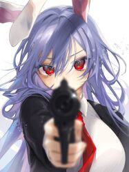 Rule 34 | 1girl, aiming, aiming at viewer, animal ears, black jacket, commentary, covered mouth, gun, highres, holding, holding gun, holding weapon, jacket, long hair, long sleeves, looking at viewer, mokokiyo (asaddr), necktie, open clothes, open jacket, purple hair, rabbit ears, red eyes, red necktie, reisen udongein inaba, simple background, solo, symbol-only commentary, touhou, upper body, weapon, white background
