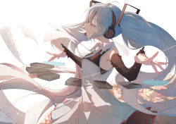 Rule 34 | 1girl, black sleeves, blue hair, blue neckwear, breasts, closed eyes, closed mouth, commentary request, detached sleeves, dress, hair between eyes, hair ornament, hatsune miku, headphones, headset, highres, long hair, long sleeves, pleated dress, profile, sheet music, simple background, sleeveless, sleeveless dress, sleeves past wrists, small breasts, solo, taka (0taka), twintails, very long hair, vocaloid, white background, white dress