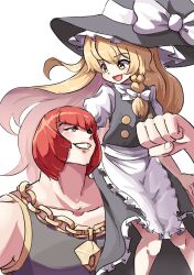 Rule 34 | 2girls, apron, blonde hair, chain, chain necklace, crossover, gold chain, hat, highres, jewelry, kirisame marisa, lifting person, long hair, looking at another, marisa (street fighter), multiple girls, muscular, muscular female, name connection, necklace, praeto, red hair, short hair, sitting on shoulder, smile, street fighter, street fighter 6, tall female, touhou, very long hair, witch hat