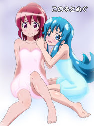 Rule 34 | 10s, aino megumi, barefoot, blue eyes, blue hair, feet, glowing, happinesscharge precure!, highres, long hair, looking at viewer, mameshiba (pixiv 59310), open mouth, pink eyes, pink hair, precure, shirayuki hime, sitting