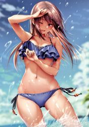 Rule 34 | 1girl, absurdres, bare arms, bare shoulders, bikini, blue sky, blurry, blurry background, blush, breasts, brown eyes, brown hair, cloud, cloudy sky, day, hands up, highres, long hair, medium breasts, navel, one eye closed, open mouth, original, outdoors, piromizu, scan, shiny clothes, shiny skin, side-tie bikini bottom, sky, solo, splashing, stomach, swimsuit