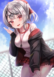 Rule 34 | 1girl, :d, black hair, black jacket, blouse, blush, breasts, ear piercing, grey hair, hair ribbon, hand on own thigh, highres, hololive, jacket, large breasts, long sleeves, looking at viewer, miniskirt, multicolored hair, nail polish, off shoulder, open clothes, open jacket, open mouth, piercing, plaid, plaid skirt, ponytail, red eyes, red nails, red ribbon, red skirt, ribbon, sakamata chloe, shirt, skirt, smile, solo, streaked hair, virtual youtuber, whistle, whistle around neck, white shirt, yuano