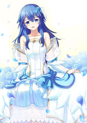 Rule 34 | 1girl, bare shoulders, blue eyes, blue flower, blue hair, bride, bride (fire emblem), dress, fire emblem, fire emblem awakening, flower, hair flower, hair ornament, highres, long hair, looking at viewer, lucina (fire emblem), nintendo, official alternate costume, open mouth, petals, smile, solo, strapless, strapless dress, sumire l.a., symbol in eye, wedding dress, white dress
