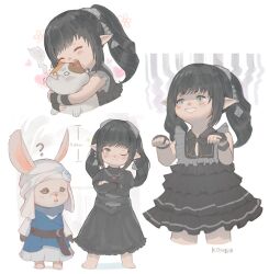 Rule 34 | 1girl, 1other, :d, ?, barefoot, black bow, black bowtie, black dress, black hair, blue eyes, blush, bow, bowtie, brooch, cat, closed eyes, doyagao, dress, fat cat (ff14), final fantasy, final fantasy xiv, frilled dress, frills, furry, giving up the ghost, grin, height difference, hug, jewelry, konburice, lalafell, looking at viewer, loporrit, one eye closed, open mouth, paw pose, pointy ears, ponytail, ring, smile, smug, sparkle, turban, warrior of light (ff14)