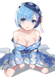 Rule 34 | 1girl, bare shoulders, blue eyes, blue hair, blush, breasts, cleavage, collarbone, commentary request, d:, floral print, flower knot, from above, hair ornament, hair over one eye, hair ribbon, hanavvi, highres, japanese clothes, kimono, long sleeves, looking at viewer, maid headdress, open mouth, re:zero kara hajimeru isekai seikatsu, rem (re:zero), ribbon, short hair, sitting, socks, solo, wariza, white socks, x hair ornament