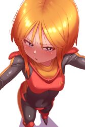 Rule 34 | 1girl, absurdres, black bodysuit, blush, bodysuit, bright pupils, covered navel, flat chest, from above, gundam, gundam zz, hair between eyes, highres, looking at viewer, onimaru (onimal7802), open mouth, orange hair, outstretched arms, pilot suit, purple eyes, puru two, shadow, short hair, simple background, skin tight, solo, white background, white pupils