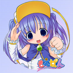 Rule 34 | 00s, 1girl, :d, arm up, blue eyes, brooch, frilled sleeves, frills, gem, jewelry, long sleeves, looking at viewer, moetan, open mouth, outside border, pastel ink, purple hair, round image, smile, solo, tareme, text focus, tokuda shinnosuke, upper body, visor cap