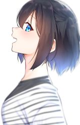 Rule 34 | 1girl, :d, black hair, black shirt, blue eyes, blush, commentary request, from side, hair between eyes, highres, looking at viewer, looking to the side, open mouth, original, profile, shirt, short hair, simple background, smile, solo, striped clothes, striped shirt, suzunari shizuku, teeth, upper body, upper teeth only, white background, white shirt, yuki arare
