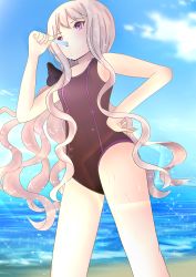 Rule 34 | &gt;:o, 1girl, absurdres, beach, blue sky, drooling, eating, food, from below, gothic wa mahou otome, hand on own hip, highres, holding, holding food, lens flare, light purple hair, long hair, looking afar, ocean, one-piece swimsuit, popsicle, purple eyes, rosalie (gothic wa mahou otome), sky, solo, sparkle, swimsuit, thighs, very long hair, white hair