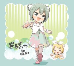 Rule 34 | 2girls, :d, ^ ^, animal ear fluff, animal ears, blonde hair, blue background, blue dress, blush, bow, cat ears, closed eyes, commentary request, double bun, dress, green eyes, green hair, hair bun, hatsune miku, kagamine rin, kemonomimi mode, multiple girls, open mouth, paw pose, pink footwear, shoe soles, shoes, smile, socks, striped clothes, striped socks, translation request, vertical-striped clothes, vertical-striped socks, vocaloid, walking, yellow bow, yukie (kusaka shi)