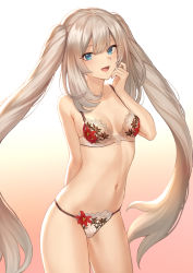 Rule 34 | 1girl, arm behind back, bare shoulders, blue eyes, blush, bra, breasts, cleavage, collarbone, commentary request, fate/grand order, fate (series), floral print, gradient background, highres, lace, lace-trimmed bra, lace-trimmed panties, lace trim, long hair, looking at viewer, marie antoinette (fate), mashuu (neko no oyashiro), navel, panties, silver hair, small breasts, smile, solo, thighs, twintails, underwear, underwear only, very long hair, white bra, white panties