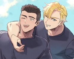 Rule 34 | 2boys, ao isami, arm around shoulder, artist request, black hair, blonde hair, facial hair, lewis smith, looking ahead, looking at viewer, male focus, multiple boys, one eye closed, pectorals, shirt, sideburns stubble, smile, stubble, t-shirt, thick eyebrows, upper body, yuuki bakuhatsu bang bravern