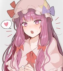 Rule 34 | 1girl, blush, bow, bowtie, hat, heart, highres, mob cap, one-hour drawing challenge, open mouth, patchouli knowledge, purple eyes, purple hair, solo, speech bubble, sssoomm112, sweat, sweatdrop, touhou, v-shaped eyebrows