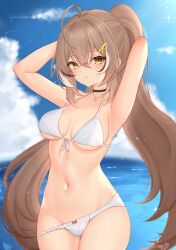Rule 34 | 1girl, absurdres, ahoge, armpits, bikini, black choker, blush, breasts, brown eyes, brown hair, choker, cleavage, collarbone, day, feather hair ornament, feathers, hair ornament, hairclip, highres, hololive, hololive english, honon, long hair, looking at viewer, medium breasts, multicolored hair, nanashi mumei, navel, open mouth, outdoors, ponytail, solo, split ponytail, streaked hair, swimsuit, thighs, very long hair, virtual youtuber, white bikini