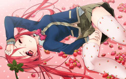 Rule 34 | 1girl, blazer, bow, bowtie, fallen down, food, food-themed clothes, food print, fruit, highres, jacket, kuromaru9, long hair, looking at viewer, lying, on back, one eye closed, original, panties, pantyshot, patterned legwear, personification, pink background, pink hair, pink panties, pleated skirt, polka dot, print thighhighs, red eyes, red hair, school uniform, skirt, solo, strawberry, strawberry print, striped clothes, striped panties, thighhighs, twintails, underwear, upskirt, wavy mouth, wince, wink, zettai ryouiki