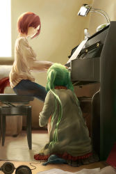 Rule 34 | 2girls, brown hair, capri pants, chabane, from behind, green hair, hatsune miku, headphones, headphones removed, instrument, lamp, long hair, meiko (vocaloid), multiple girls, music, pants, piano, piano bench, playing instrument, short hair, sitting, skirt, twintails, vocaloid