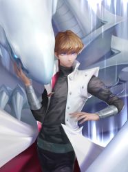 Rule 34 | 1boy, absurdres, arm belt, blue-eyes white dragon, brown hair, card, closed mouth, coat, commentary, duel monster, hair between eyes, hejia abby, highres, jewelry, kaiba seto, looking to the side, male focus, necklace, open clothes, open coat, purple eyes, turtleneck, vambraces, white coat, yu-gi-oh!, yu-gi-oh! duel monsters