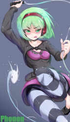 Rule 34 | 1girl, black choker, black footwear, breasts, character name, choker, cleavage, closed mouth, collarbone, green hair, headphones, holding, holding whip, leg up, leggings, long sleeves, panties, phonon (under night in-birth), purple panties, rabittofaa, small breasts, smile, solo, striped, striped leggings, tongue, tongue out, under night in-birth, under night in-birth exe:late[st], underwear, v-shaped eyebrows, whip