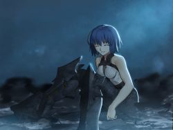 Rule 34 | 1girl, absurdres, armored boots, bare shoulders, blue hair, boots, breasts, ciel (tsukihime), closed eyes, grin, highres, kizzif0012, medium breasts, official alternate costume, shirt, short hair, sitting, sleeveless, sleeveless shirt, smile, solo, tsukihime, tsukihime (remake)