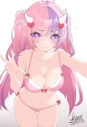 Rule 34 | 1girl, absurdres, artist name, blush, bow, bra, breasts, collarbone, cowboy shot, demon girl, demon horns, fang, hair ornament, heart, heart hair ornament, heart in eye, highres, horns, ironmouse, kneesoccs, large breasts, long hair, looking at viewer, multicolored hair, navel, outstretched arm, panties, pink bra, pink hair, pink panties, pink thighhighs, pointy ears, purple hair, red bow, selfie, skin fang, solo, streaked hair, swept bangs, symbol in eye, thigh gap, thighhighs, two side up, underwear, underwear only, very long hair, virtual youtuber, vshojo, w