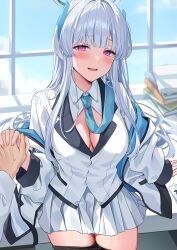 Rule 34 | 1other, absurdres, black pantyhose, blue archive, blue bow, blue bowtie, blush, book, bow, bowtie, breasts, clothes pull, cowboy shot, detached collar, formal, grey hair, halo, highres, hizuki higure, indoors, large breasts, long hair, long sleeves, looking at viewer, mechanical halo, noa (blue archive), open mouth, pantyhose, pantyhose pull, pleated skirt, purple eyes, skirt, smile, suit, white skirt