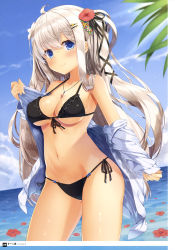 Rule 34 | 1girl, absurdres, artist name, bikini, black bikini, black ribbon, blue eyes, blue shirt, blue sky, blush, breasts, cleavage, cloud, collarbone, cowboy shot, day, floating hair, flower, front-tie bikini top, front-tie top, fujieda uzuki, groin, hair between eyes, hair flower, hair ornament, hair ribbon, hairclip, hibiscus, highres, jewelry, long hair, looking at viewer, medium breasts, navel, necklace, open clothes, open shirt, original, outdoors, page number, red flower, ribbon, shirt, side-tie bikini bottom, sideboob, silver hair, sky, smile, solo, standing, stomach, sunlight, swimsuit, underboob, very long hair