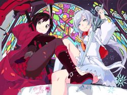Rule 34 | 2girls, church, commentary request, crescent rose, indoors, morino hon, multiple girls, myrtenaster, pantyhose, red hair, ruby rose, rwby, scar, scar across eye, scar on face, weiss schnee, white hair