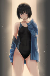 Rule 34 | 1girl, absurdres, amagami, backlighting, black eyes, black hair, black one-piece swimsuit, blue jacket, bob cut, breasts, contrapposto, cowboy shot, embarrassed, gluteal fold, hair between eyes, hand to own mouth, highres, jacket, nanasaki ai, one-piece swimsuit, open clothes, open jacket, short hair, skin tight, small breasts, solo, standing, swimsuit, swimsuit under clothes, thighs, yoo tenchi