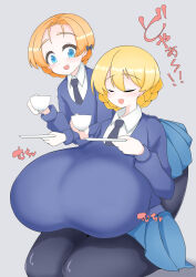 Rule 34 | 2girls, blonde hair, blue eyes, braid, breasts, breasts on lap, closed eyes, cup, darjeeling (girls und panzer), gigantic breasts, girls und panzer, highres, holding, holding cup, holding saucer, leaning forward, multiple girls, open mouth, orange hair, orange pekoe (girls und panzer), pantyhose, rimota12, saucer, short hair, sitting, st. gloriana&#039;s school uniform, teacup