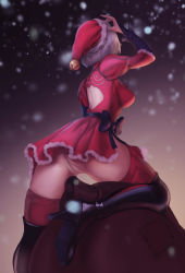 Rule 34 | 1girl, adapted costume, ass, back cutout, bell, black bow, black footwear, boots, bow, breasts, cleft of venus, clothing cutout, dress, from behind, hat, hat bell, high heel boots, high heels, highres, holy meh, jingle bell, leg up, medium breasts, nier:automata, nier (series), no panties, pussy, red dress, red thighhighs, sack, santa costume, santa hat, short dress, short hair, sideboob, silver hair, snow, snowing, solo, thighhighs, thighhighs under boots, uncensored, upskirt, winter, 2b (nier:automata)