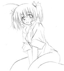 Rule 34 | 00s, 1girl, ahoge, between legs, greyscale, hand between legs, monochrome, outline, shirt, short hair, simple background, sitting, solo, to heart (series), to heart 2, wariza, white background, yuzuhara konomi