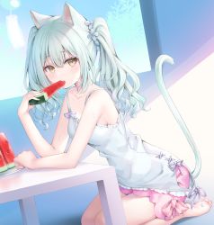 Rule 34 | 1girl, animal ear fluff, animal ears, bad id, bad pixiv id, bare arms, bare shoulders, barefoot, breasts, brown eyes, cat ears, cat girl, cat tail, collarbone, dress, eating, flower, food, fruit, green hair, hair between eyes, hair flower, hair ornament, highres, holding, holding food, long hair, looking at viewer, murano, original, pink shorts, popsicle, seiza, short shorts, shorts, sitting, sleeveless, sleeveless dress, small breasts, soles, solo, table, tail, twintails, watermelon, watermelon bar, watermelon slice, white dress, white flower
