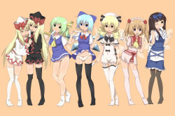 Rule 34 | 6+girls, asymmetrical clothes, asymmetrical legwear, bad id, bad pixiv id, black thighhighs, blonde hair, blue eyes, bow, bow panties, brown hair, cirno, daiyousei, dress, drill hair, dual persona, fairy, food, garter belt, green eyes, green hair, hair bow, hair ornament, hairclip, hat, ice, kinakomoti, legs, licking, lily black, lily white, luna child, microskirt, mismatched legwear, multiple girls, one eye closed, panties, pantyhose, pantyshot, popsicle, purple eyes, red eyes, sexually suggestive, shared food, short dress, simple background, skirt, socks, star sapphire, sunny milk, thigh gap, thighhighs, tongue, touhou, twintails, underwear, white panties, white thighhighs, wings, wink, yousei daisensou