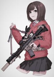 Rule 34 | 1girl, absurdres, aimpoint, alma01, assault rifle, black skirt, blush, brown eyes, brown hair, collared shirt, commentary request, cropped legs, eyebrows hidden by hair, grey background, gun, highres, holding, holding gun, holding weapon, hood, hoodie, long sleeves, looking at viewer, m4 carbine, mk 18 carbine, necktie, original, parted lips, pink hoodie, real life, red necktie, rifle, shirt, short hair, skirt, sleeves past wrists, smile, solo, weapon, white shirt