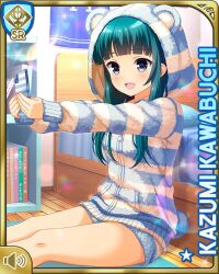Rule 34 | 1girl, aqua hair, bedroom, card (medium), character name, girlfriend (kari), grey eyes, hood, hood up, hoodie, indoors, kawabuchi kazumi, mobile phone, night, official art, open mouth, qp:flapper, ribbon, shorts, sitting, smile, solo, striped clothes, striped hoodie, striped shorts, tagme, twintails
