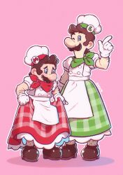 Rule 34 | 2boys, alternate costume, apron, artist name, bandana, blue eyes, boots, brothers, brown footwear, brown hair, chef hat, cosplay, crossdressing, facial hair, full body, gloves, green bandana, green skirt, hat, highres, looking at viewer, looking down, luigi, mario, mario (series), multiple boys, mustache, nintendo, one eye closed, patissiere peach, patissiere peach (cosplay), pink background, plaid, plaid skirt, princess peach, princess peach: showtime!, puffy short sleeves, puffy sleeves, red bandana, red skirt, saiwo (saiwoproject), shirt, short hair, short sleeves, siblings, simple background, skirt, white apron, white gloves, white hat, white shirt