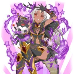 Rule 34 | 1girl, arm up, armor, armored boots, boots, breasts, creature, dark skin, dark-skinned female, facial mark, forehead mark, gloves, grin, kusaka souji, long hair, looking at viewer, official art, outstretched arm, silver hair, smile, solo, sparkle, thighhighs, transparent background, uchi no hime-sama ga ichiban kawaii, underboob