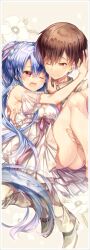 Rule 34 | 1boy, 1girl, alternate costume, bare shoulders, blue hair, blush, braid, breasts, brown eyes, brown hair, carrying, chi no, cleavage, commentary request, couple, crown braid, dress, eyelashes, floating hair, frilled dress, frills, hair between eyes, hair ribbon, hand on another&#039;s head, happy, heads together, hetero, highres, large breasts, light brown background, long hair, looking at another, lower teeth only, one eye closed, open mouth, princess carry, red eyes, red ribbon, ribbon, shiny skin, short dress, short hair, simple background, smile, sorakado ao, standing, summer pockets, takahara hairi, teeth, thighs, very long hair, white dress