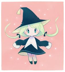 Rule 34 | 1girl, ayu (mog), black dress, black footwear, black hat, blush, border, closed mouth, dress, green eyes, green hair, hat, long sleeves, original, pink background, shoes, sleeves past fingers, sleeves past wrists, solo, star (symbol), starry background, transparent border